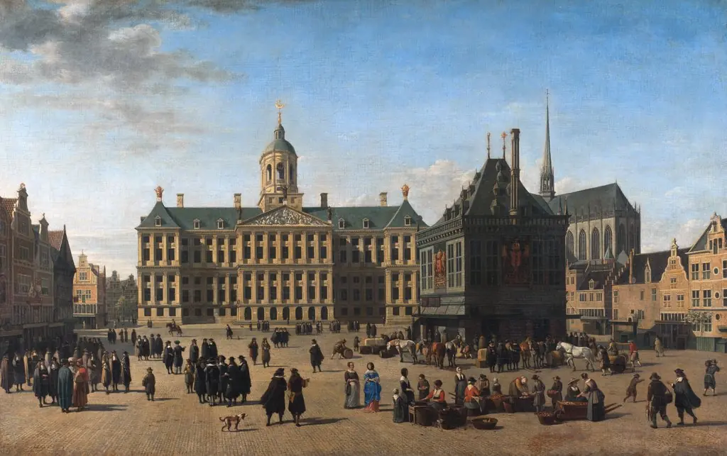 The Dam in Amsterdam, by Gerrit Adriaenszoon Berckheyde, oil, 1668