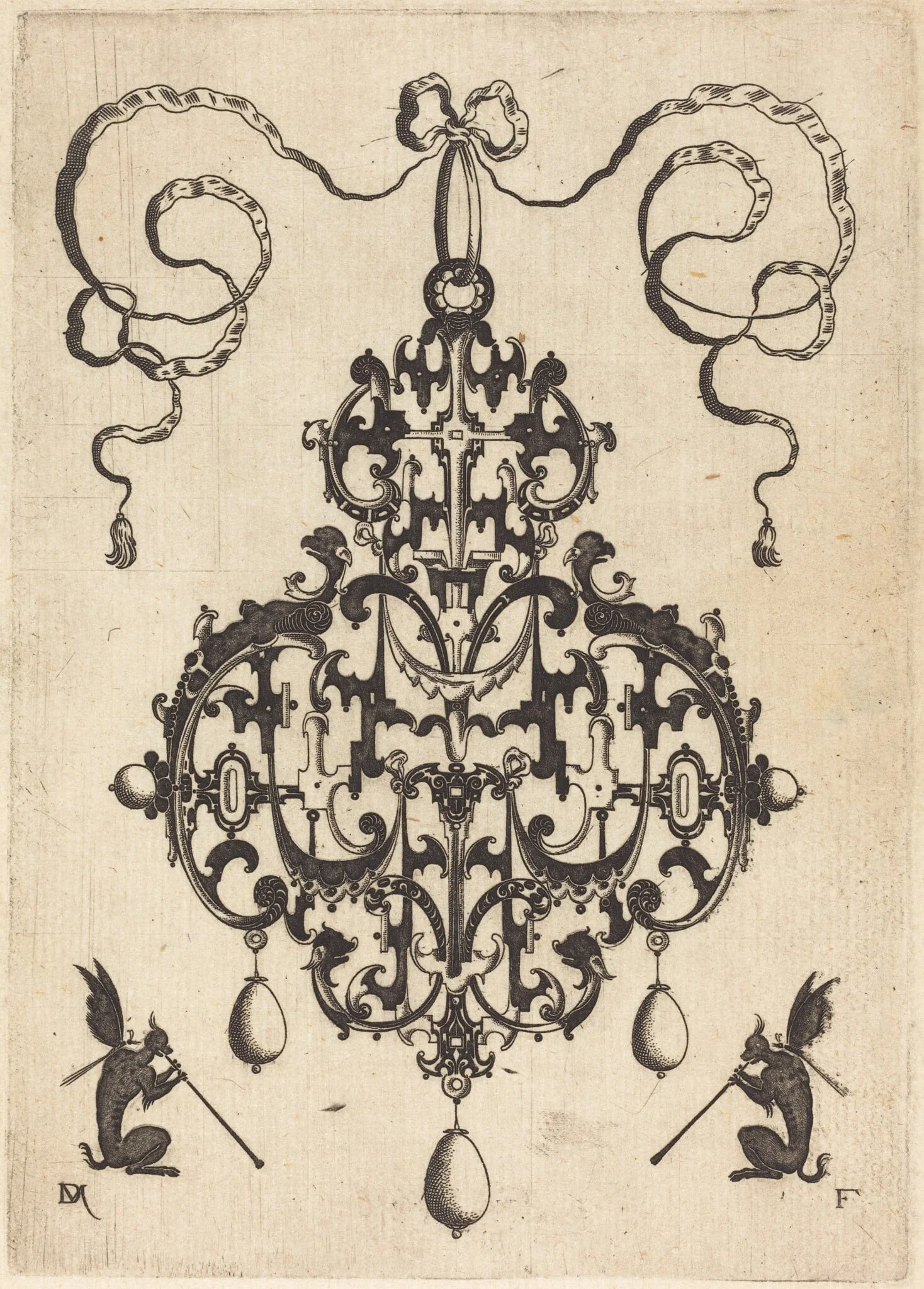 Large Pendant, Two Winged Fantasy Creatures with Trumpets at Bottom, detail