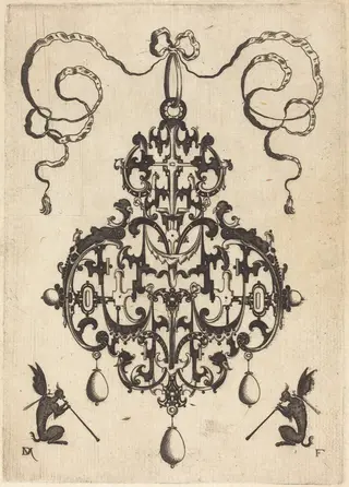 Large Pendant, Two Winged Fantasy Creatures with Trumpets at Bottom, by Daniel Mignot, ink, 1596