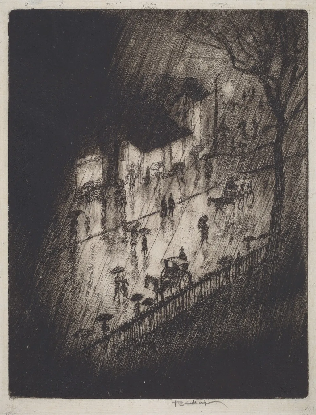 Rainy Night, Charing Cross Shops, by Joseph Pennell, ink, 1903