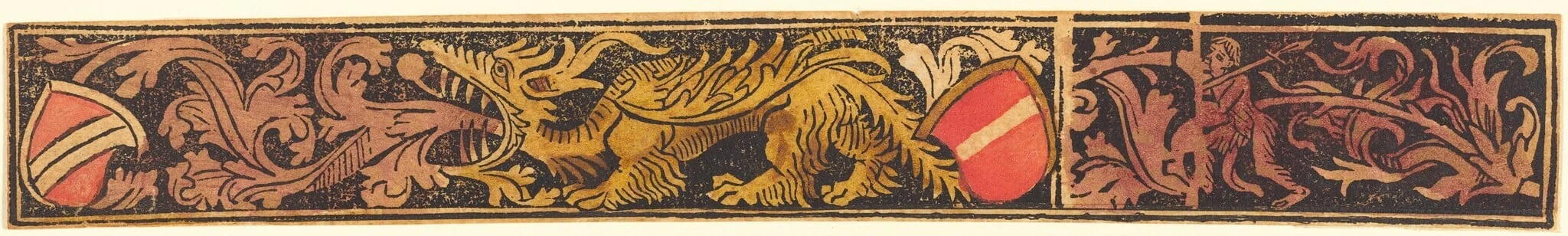 Grotesque Strip with Dragon, Shields and Wild Men, detail