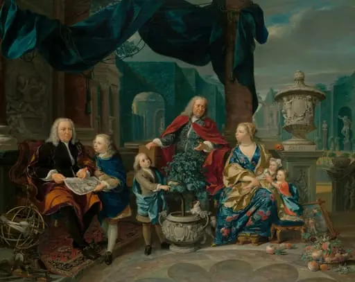 Portrait of David van Mollen and Son-in-Law Jacob Sydervelt with his Family, by Nikolaas Verkolje, unspecified, 1740
