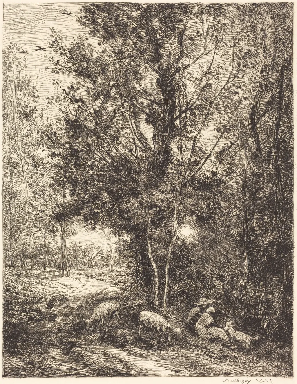 Shepherd and Shepherdess (Le Berger et la bergere), by Charles François Daubigny, ink, 1874