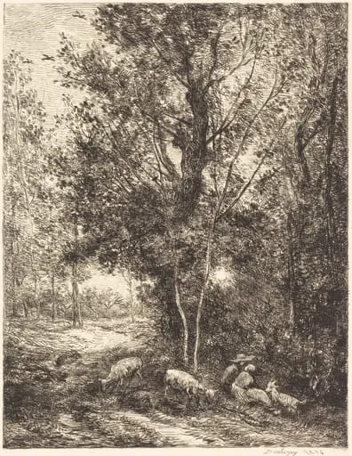 Shepherd and Shepherdess (Le Berger et la bergere), by Charles François Daubigny, ink, 1874