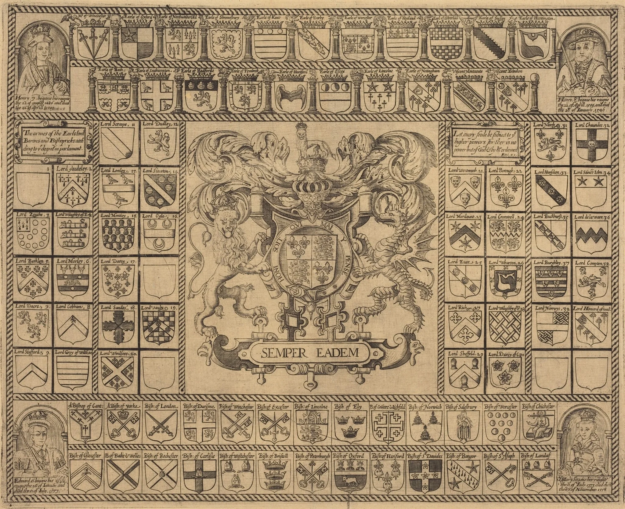 Coats of Arms with Corner Portraits of Henry VII, Henry VIII, Edward VI, and Mary, detail