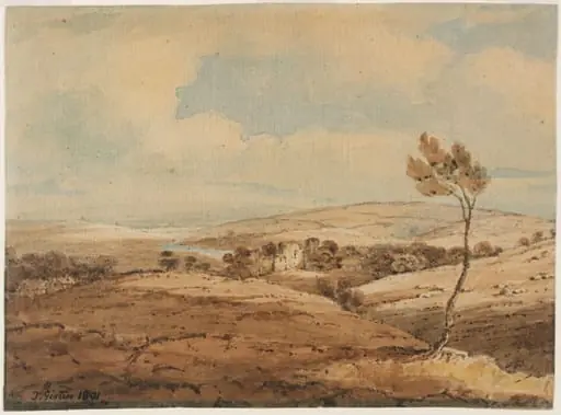 Landscape with ruined castle and river, by Girtin, watercolor, 1801