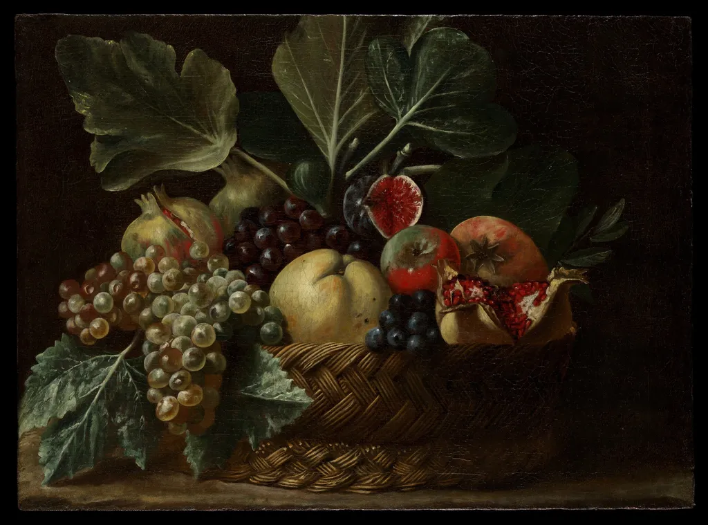 Basket of Fruit, by Bartolomeo Cavarozzi, oil, 1620