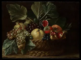 Basket of Fruit, by Bartolomeo Cavarozzi, oil, 1620