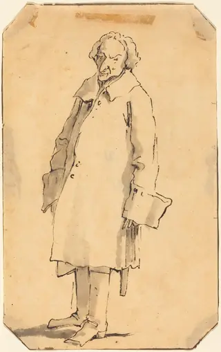 A Standing Man Wearing a Great Coat and Boots, by Giovanni Battista Tiepolo, ink, 1733