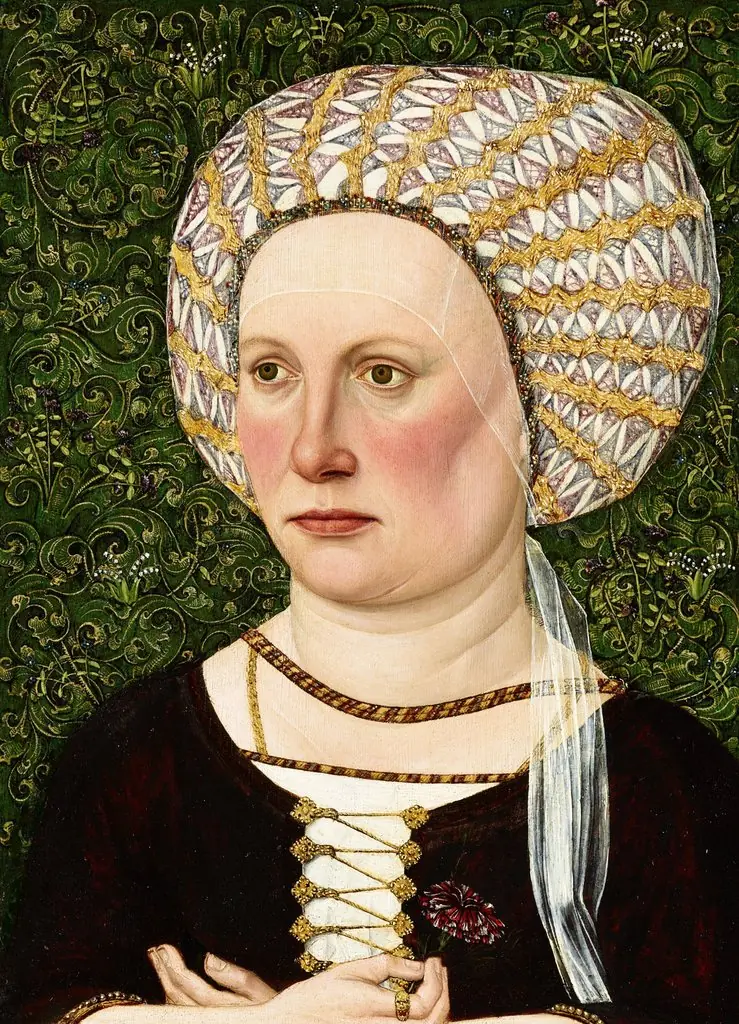Bildnis einer Fau mit golddurchwirkter Haube, by Jakob Elsner, paint, 1500