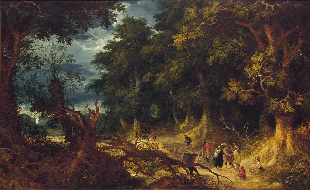 Wooded Landscape with Gipsy Women, by Abraham Govaerts, oil, 1612