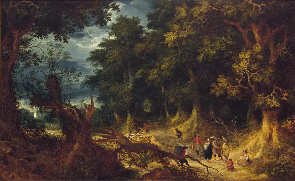Wooded Landscape with Gipsy Women, by Abraham Govaerts, oil, 1612