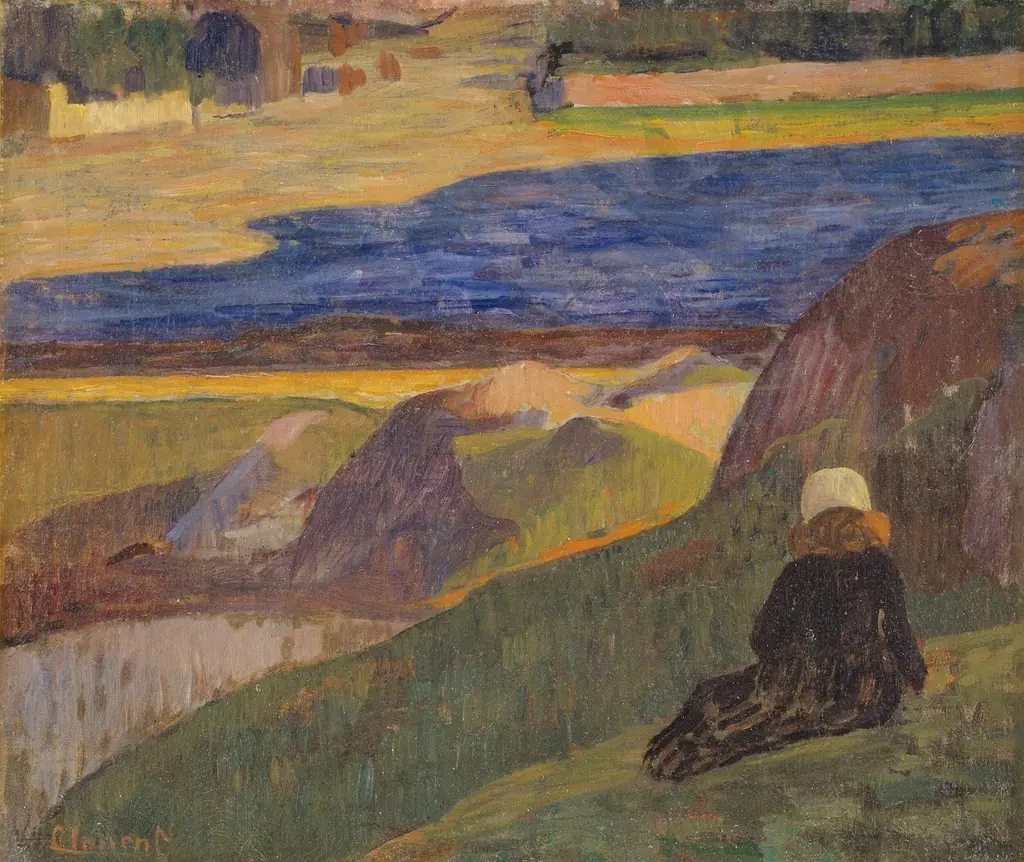 Bretonsk landskab med hvilende pige, by Gad Frederik Clement, oil, 1896