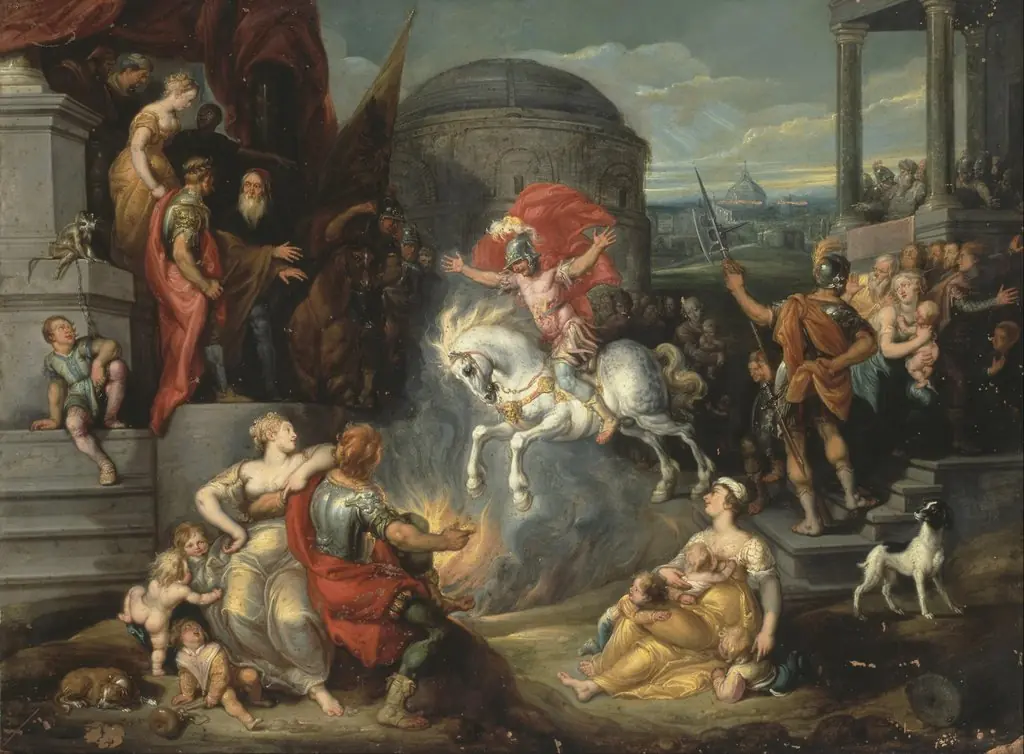 Feat of Marcus Curtius, by Simon de Vos, oil, 1641