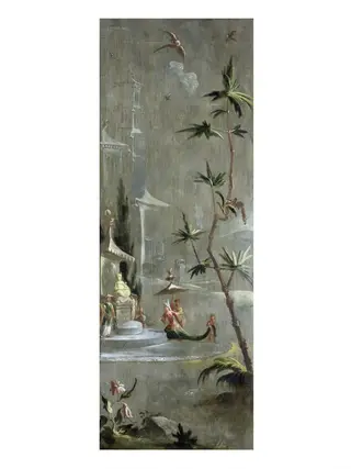 A Chinese Princess at a Shrine (one of eleven panels with Chinoiserie decoration), by Robert Robinson, oil, 1696