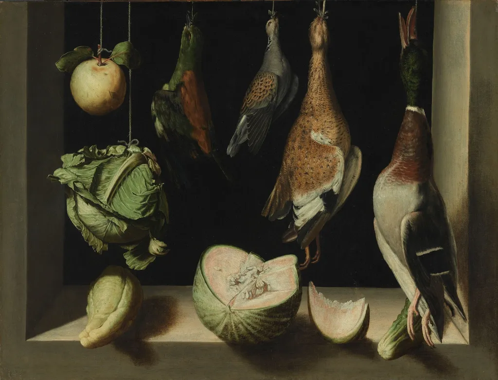 Still Life with Game Fowl, by Juan Sánchez Cotán, oil, 1600