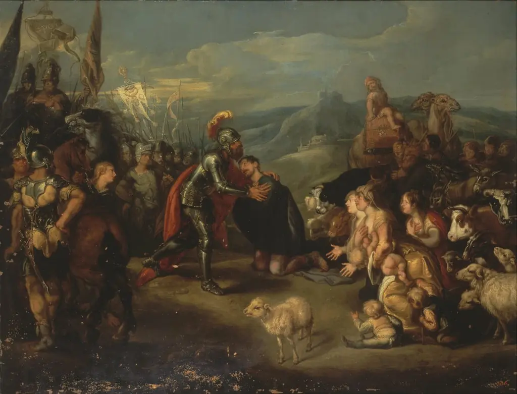 Meeting of Esau and Jacob, by Simon de Vos, oil, 1641