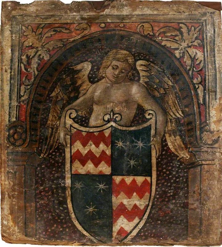 A Cupid with a Coat of Arms (one of 29 painted panels from a frieze), detail