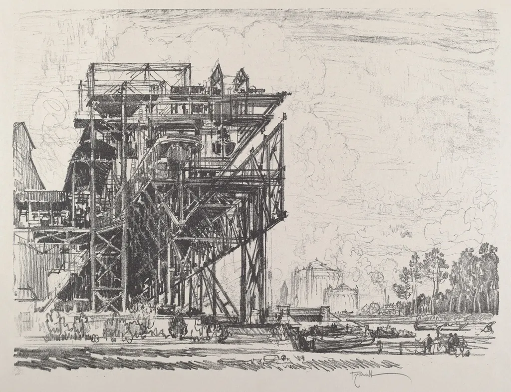 Gas Works from the Canal, Berlin, by Joseph Pennell, ink, 1921