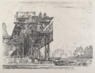 Gas Works from the Canal, Berlin, by Joseph Pennell, ink, 1921
