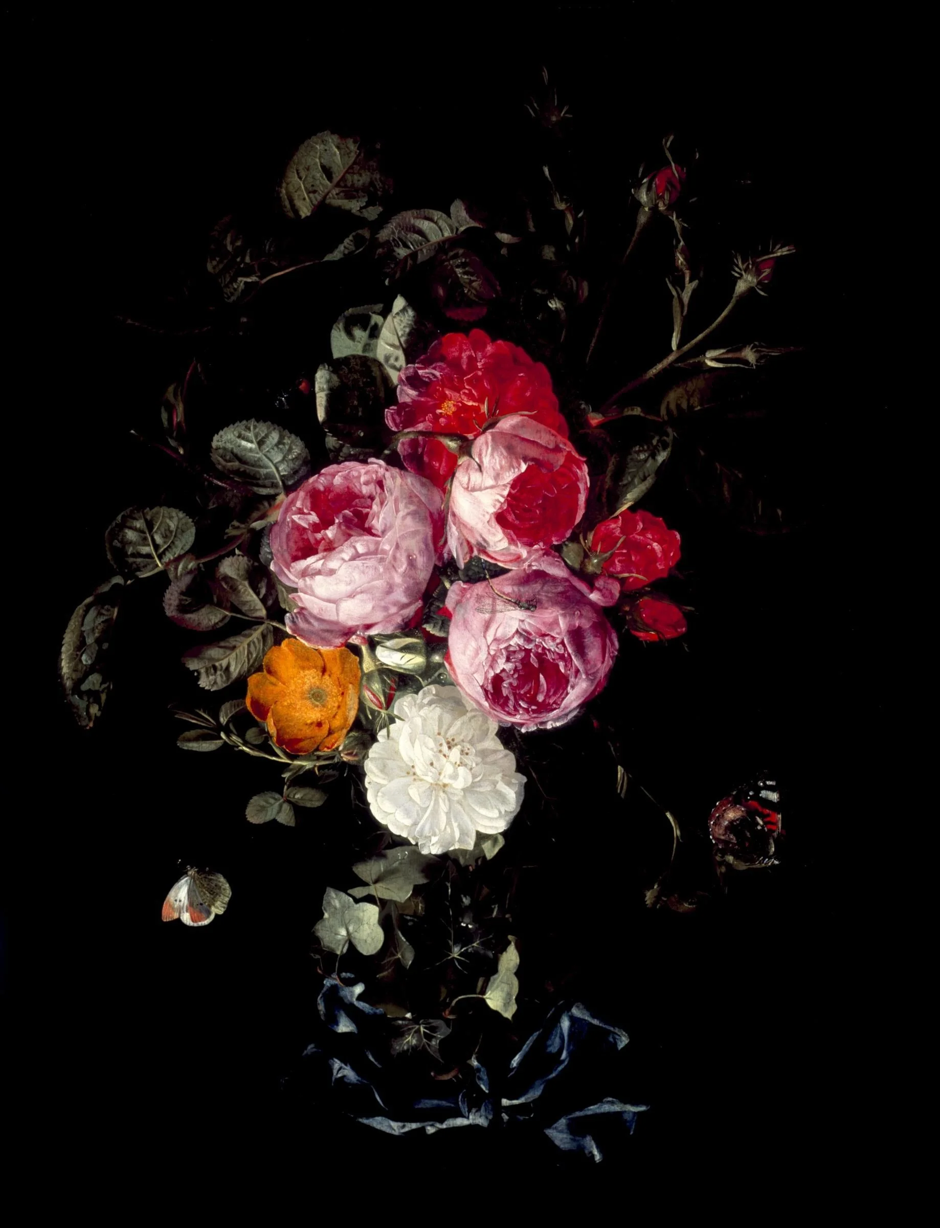 A Festoon of Roses hanging from a Blue Ribbon, with Butterflies and Insects, detail