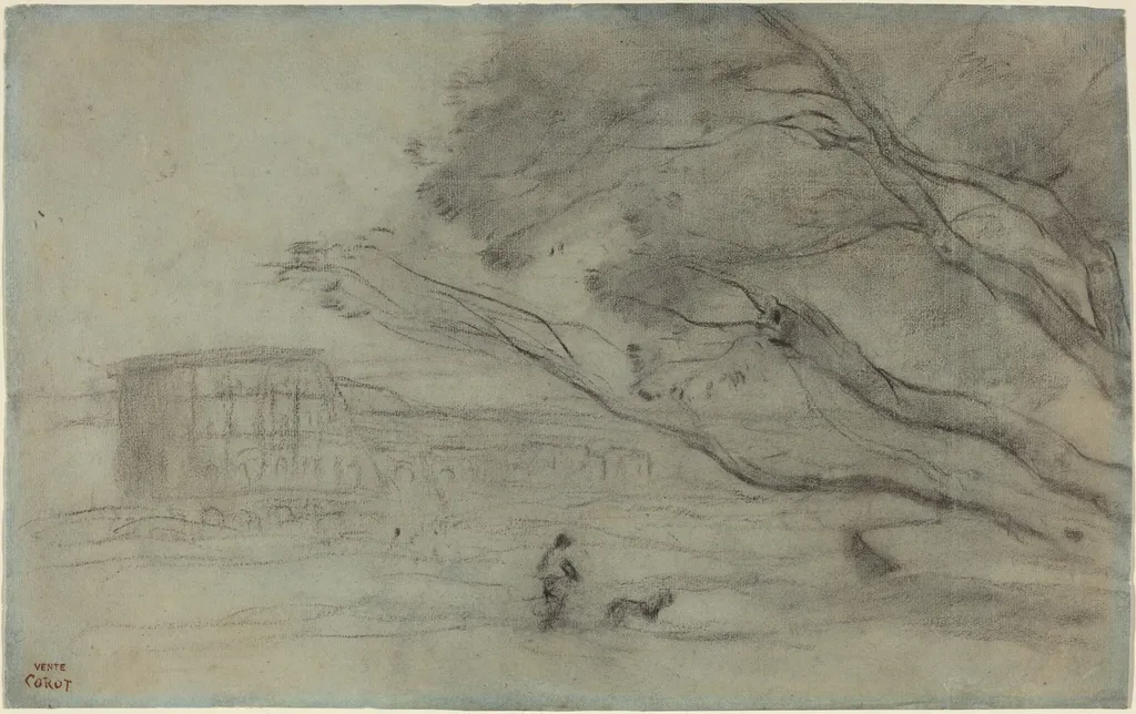 Souvenir: Roman Landscape with the Colosseum, by Jean Baptiste Camille Corot, charcoal, 1868