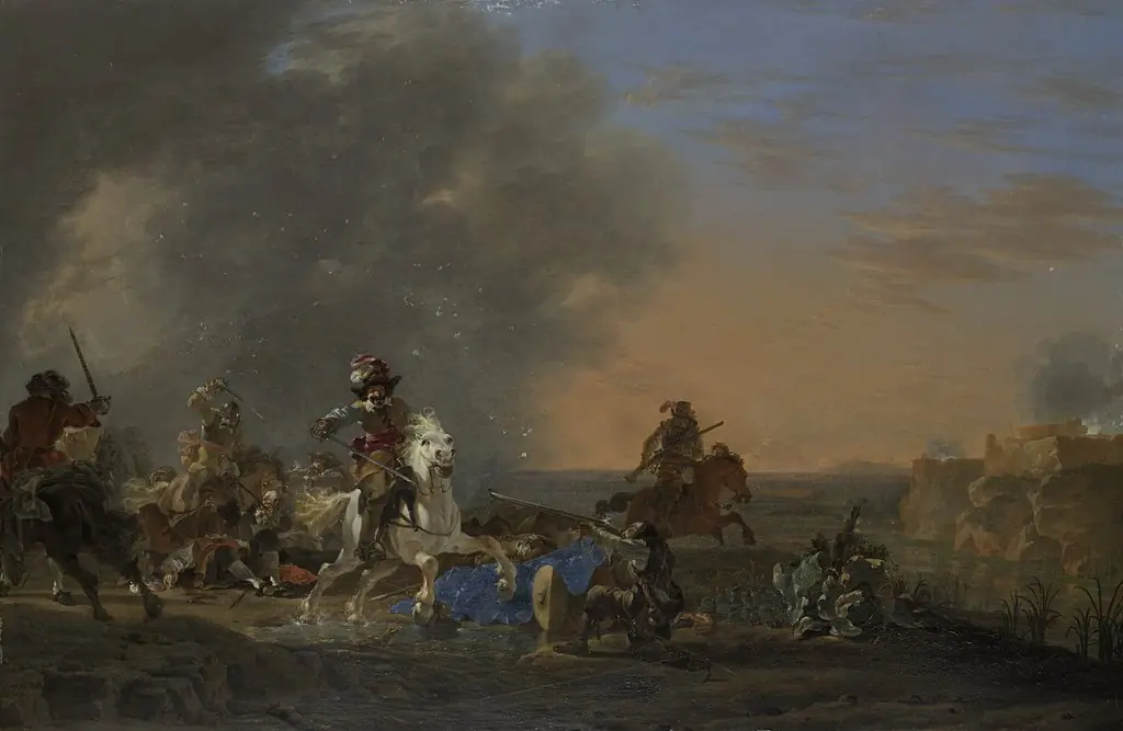 Cavalry attack at sunset, by Jan Asselijn, oil, 1646