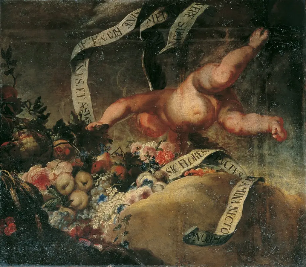 Putto mit Blumen, Früchten und Spruchband, by Peter Strudel, oil, 1700
