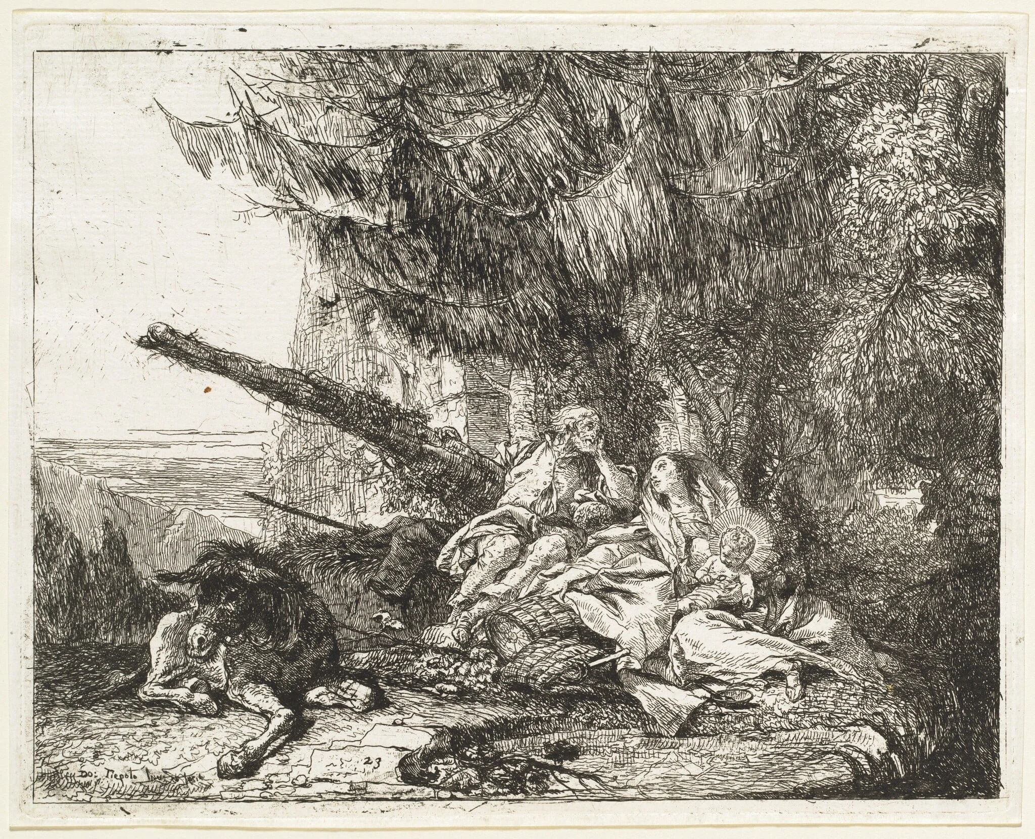 The Rest on the Flight, with Holy Family under a Tree, detail