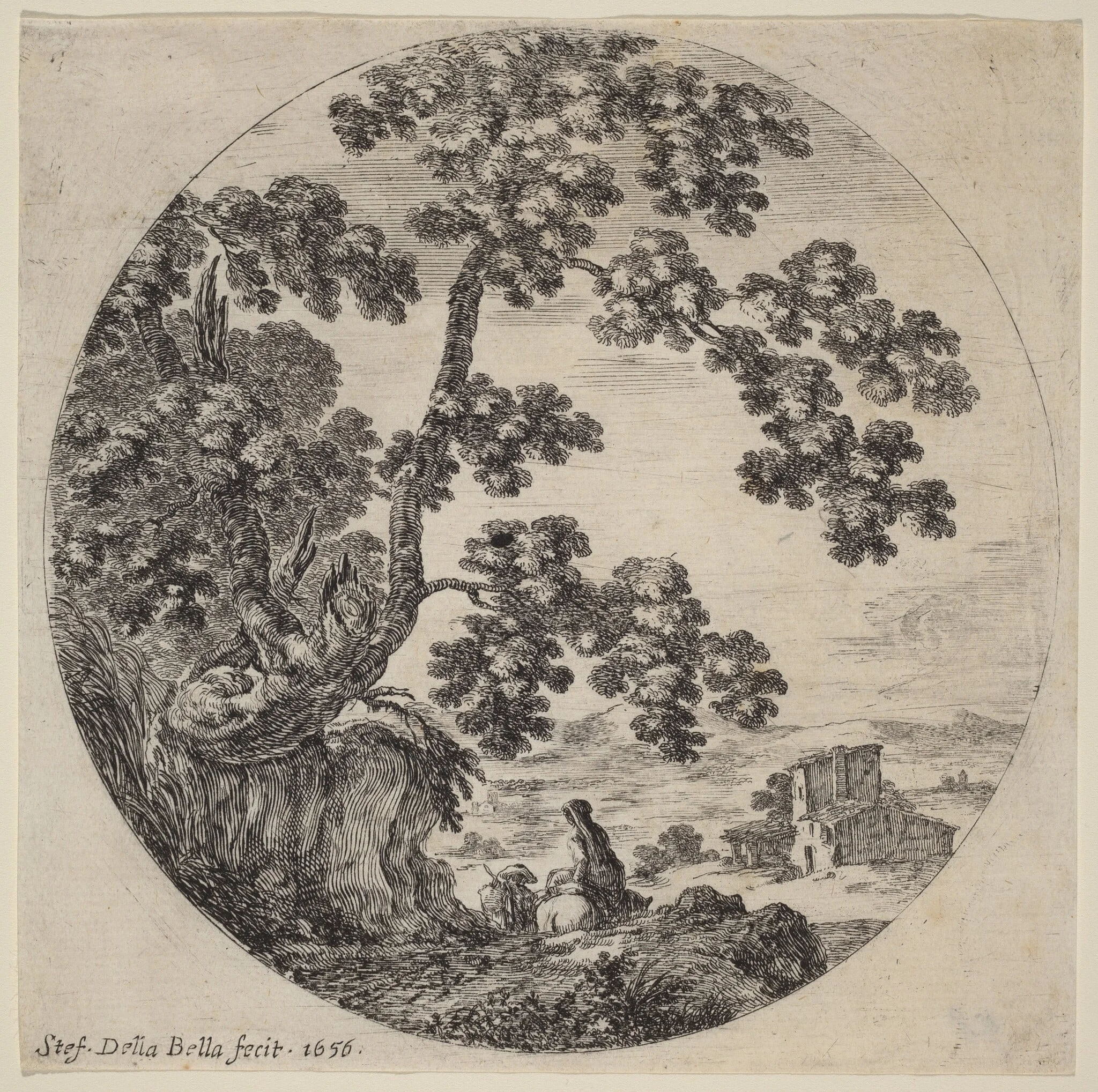 Two Travelers Passing by an Old Oak Tree, detail