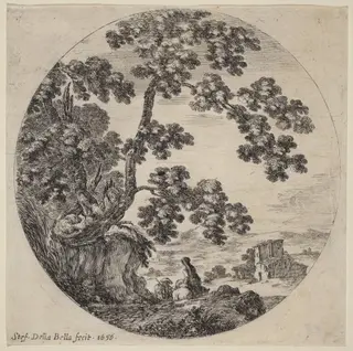 Two Travelers Passing by an Old Oak Tree, by Stefano Della Bella, ink, 1656