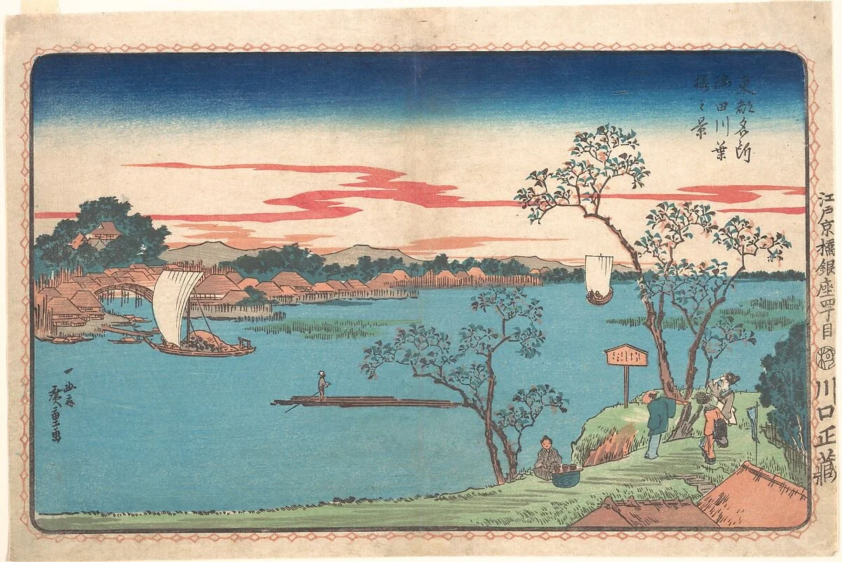 Sumidagawa, hazakura no kei|東都名所 隅田川葉桜之景|A View of Cherry Trees in Leaf along the Sumida River, detail