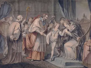 Richard, Duke of York, taking leave of his mother, Elizabeth Woodville, in the Sanctuary, Westminster, by Giovanni Battista Cipriani, watercolor, 1785