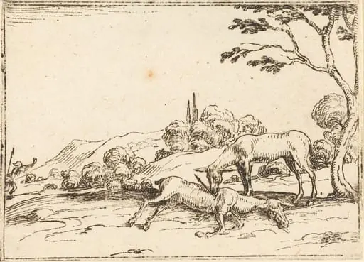 Doe Mourning her Foal, by Jacques Callot, ink, 1628