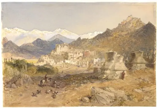 The Palace at Leh with stupas in the foreground, by William Simpson, paint, 1865