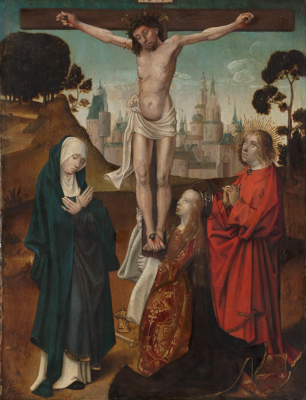 Crucifixion with the Virgin, Mary Magdalen and St John the Evangelist, by Cornelis Engebrechtsz., oil, 1515