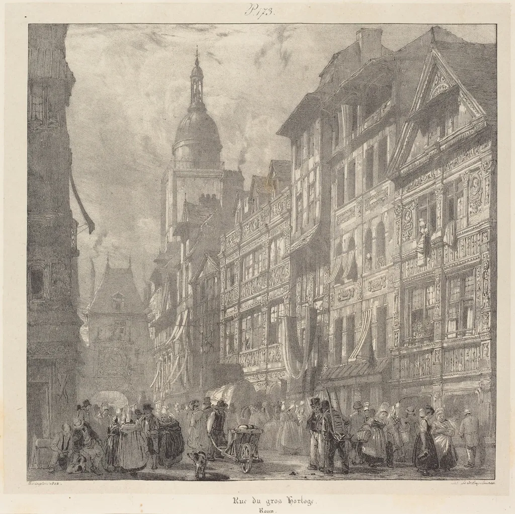 Rue du gros-horloge, Rouen, by Richard Parkes Bonington, ink, 1824