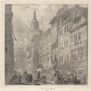 Rue du gros-horloge, Rouen, by Richard Parkes Bonington, ink, 1824