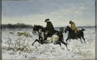 Hunting with greyhounds, by Jan Chełmiński, oil, 1875