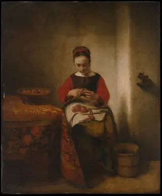 Young Woman Peeling Apples, by Nicolaes Maes, oil, 1655