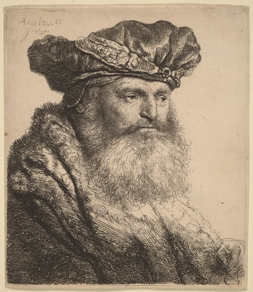 Bearded Man in a Velvet Cap with a Jewel Clasp, by Rembrandt van Rijn, ink, 1637