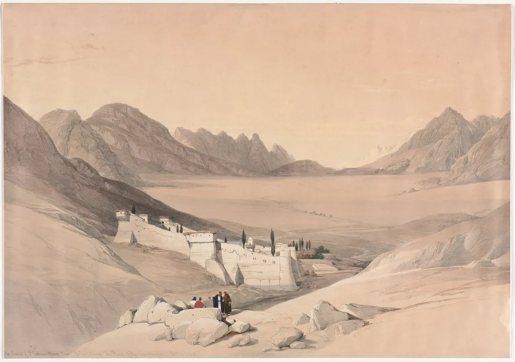 The Convent of St. Catherine, Mount Sinai, Looking towards the Plain of the Encampment, by David Roberts, 1839