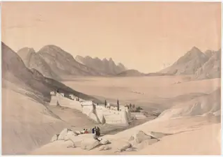 The Convent of St. Catherine, Mount Sinai, Looking towards the Plain of the Encampment, by David Roberts, 1839