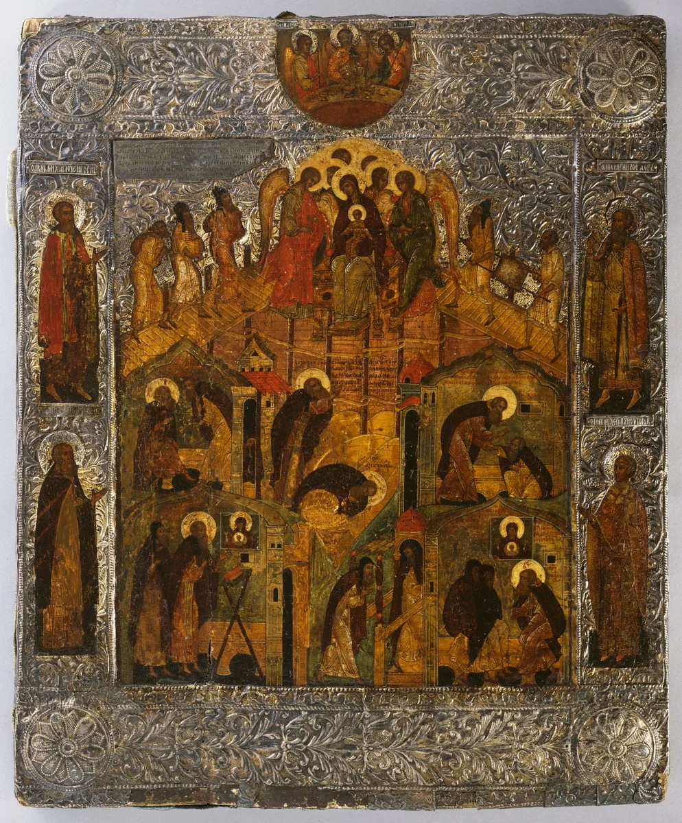 Neitsyt Marian ilmestyminen pyhittäjä Aleksanteri Syväriläiselle kirkon perustuksella, detail