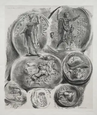 Sheet with Seven Antique Medals, by Eugène Delacroix, 1825