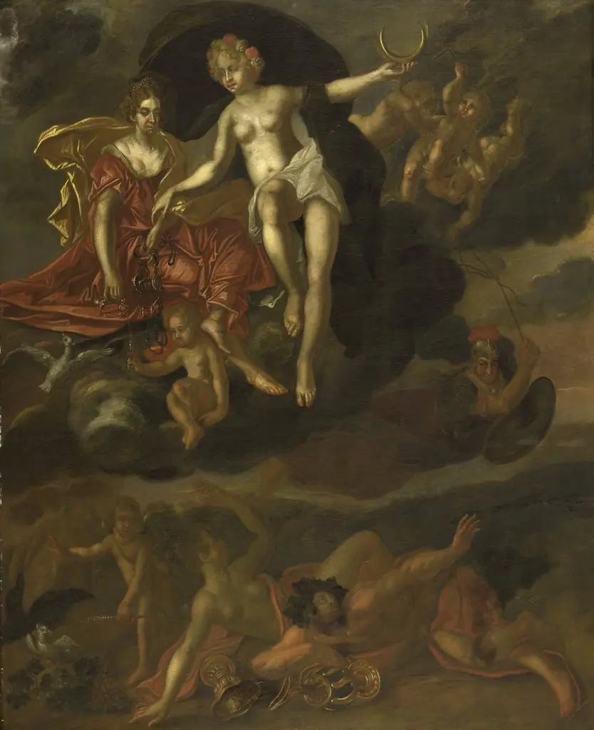 Diana and Virtus Punish Venus and Bacchus, by T. van Malsen, oil, 1698