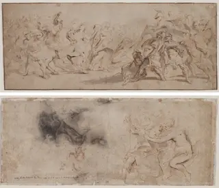 Reconciliation of the Romans and the Sabines (recto) Venus Disarming Mars, Drapery Study (verso), by Peter Paul Rubens, 1634