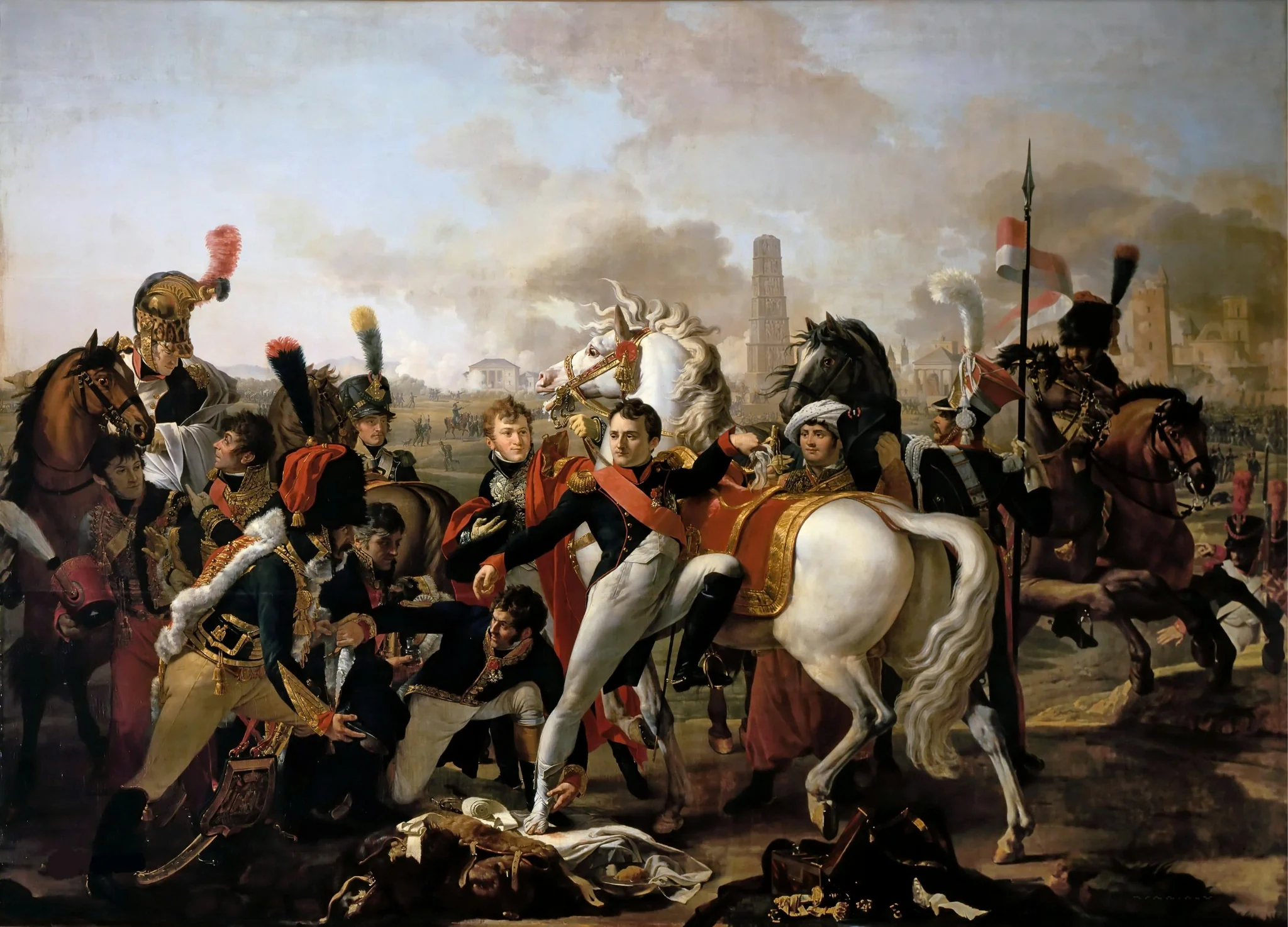 Napoleon dismounting with an injured foot at Regensburg, aided by the Surgeon, Yvan, April 23, 1809, detail