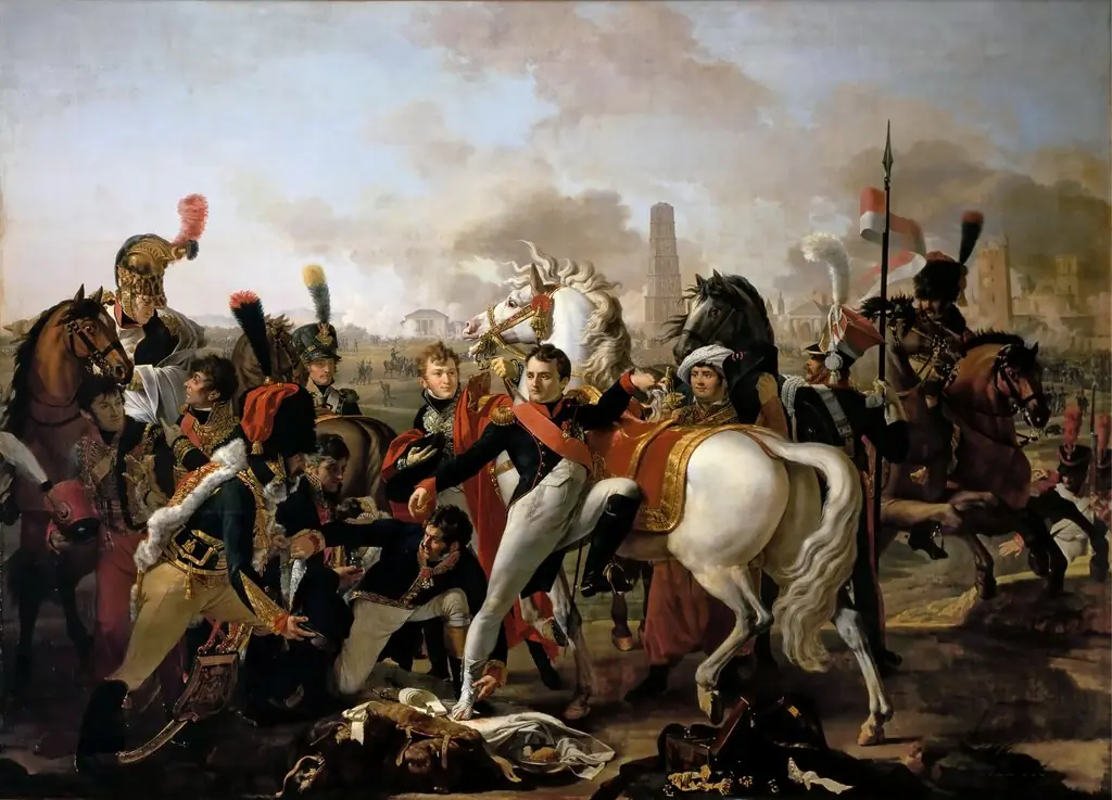 Napoleon dismounting with an injured foot at Regensburg, aided by the Surgeon, Yvan, April 23, 1809, by Pierre-Claude Gautherot, oil, 1810