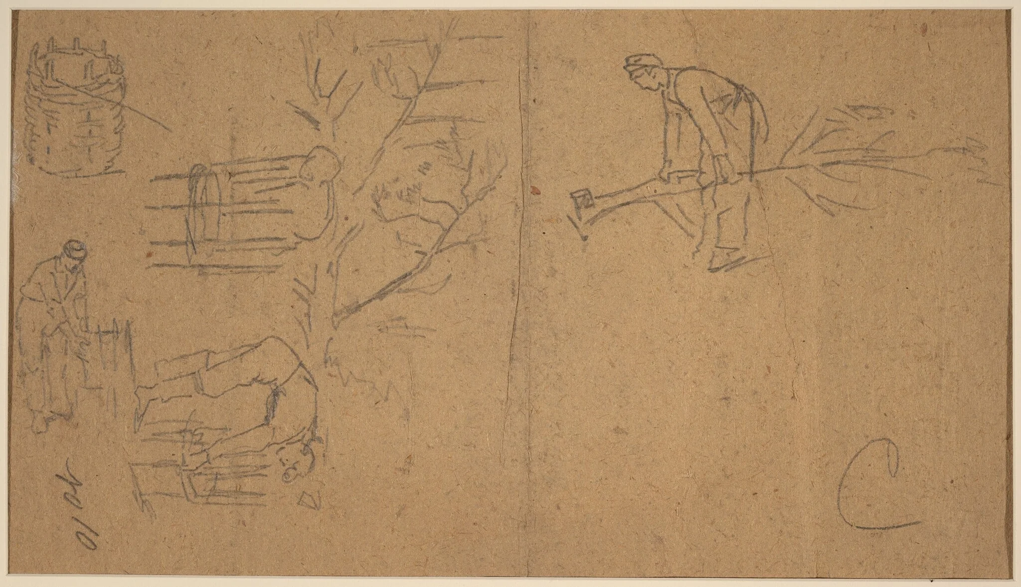 Soldiers felling sapling, and weaving saplings into baskets [verso], detail